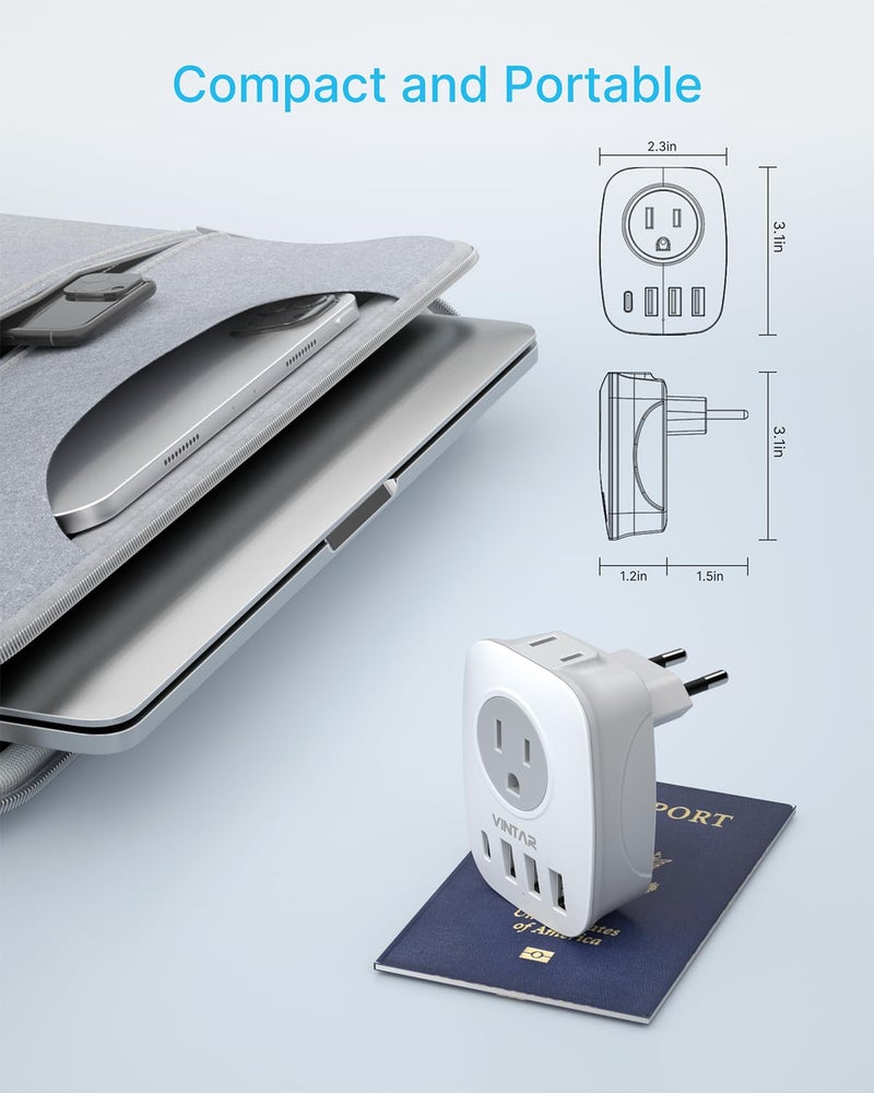 VINTAR محول سفر أوروبي 2 حزمة، محول طاقة دولي VINTAR مع 1 USB C، 2 مخرج أمريكي و 3 منافذ USB، 6 في 1 أساسيات السفر لمعظم أوروبا اليونان، إيطاليا (النوع C) - Image 5